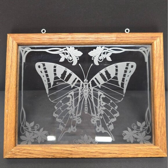 Vintage Butterfly Glass Wooden Frame Window Panel Sun catcher - Picture 1 of 8